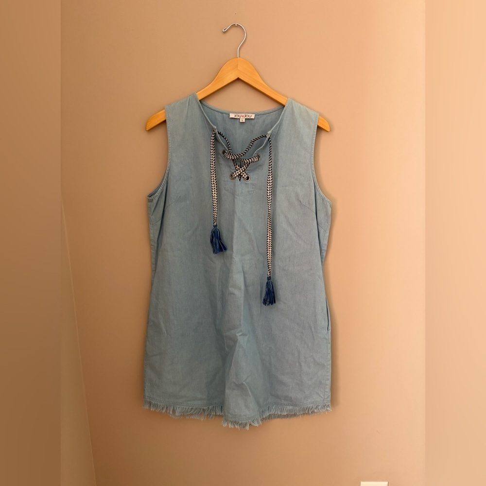 Joy Joy Light Blue Sleeveless Tunic Jean Dress with Tassel Accents Size L - Picture 2 of 5